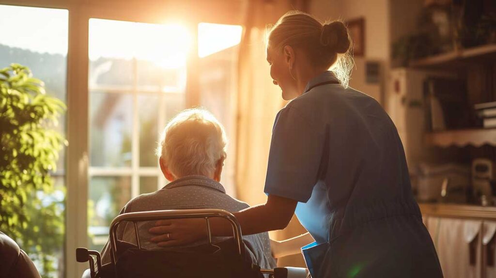 Two older residents speak calmly with a staff member in a quiet assisted living common room.