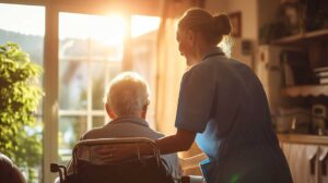 Two older residents speak calmly with a staff member in a quiet assisted living common room.